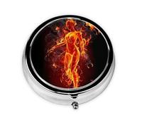 Fire Nude Woman Flame This Small, Round Pill Box is a Portable Travel Medicine Organizer with Three compartments for Storing Daily medications.