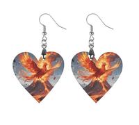 Fire Phoenix Dangle Earrings for Women Trendy Lightweight Wood Geometric Earring Wooden Bohemian Print Eardrop Vintage Jewelry Gift Mother Valentine's Day, Love, Wood, No Gemstone