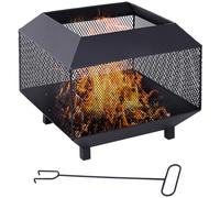 Fire Pit Square Steel Black 44x44x40cm Portable 360° View Outdoor Firebowl wTool