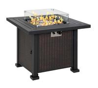 Fire Pit Table Black Rattan 81.5x81.5x65.5cm Gas 50,000BTU Glass Wind Screen Top