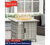 Outsunny Outdoor PE Rattan Gas Fire Pit Table, Patio Square Propane Heater w/ Rain Cover, Glass Windscreen & Lava Stone, 50000 BTU, Grey Aosom UK