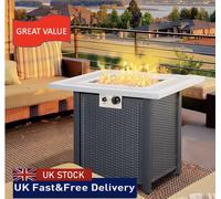 Square Propane Gas Fire Pit Table Rattan Smokeless Heater with Lava Rocks & Lid