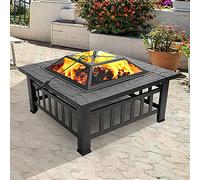 Fire Pit Table with Spark Screen, Poker & Grate, Square Metal BBQ Bowl for Outdoor Patio Bonfire & Garden