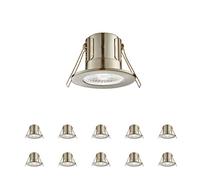 Fire Rated Downlights, Brushed Chrome Slimline Bathroom/Shower IP65 Waterproof Ceiling Lights, LED Cool White 4000K, 4W 500 Lumens, 60 Degree Beam Angle, Long-Life 30,000 Hours - Pack of 10
