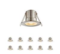 Fire Rated Downlights, Brushed Chrome Slimline Bathroom/Shower IP65 Waterproof Ceiling Lights, LED Warm White 3000K, 4W 500 Lumens, 60 Degree Beam Angle, Long-Life 30,000 Hours - Pack of 10