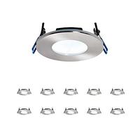 Fire Rated Downlights, Brushed Chrome Ultra Slim Bathroom/Shower IP65 Ceiling Lights, Anti-Glare LED Natural White 5000K, 9W 460 Lumens, 120 Degree Wide Beam Angle, Long-life 30,000 Hours - Pack of 10