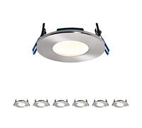 Fire Rated Downlights, Brushed Chrome Ultra Slim Bathroom/Shower IP65 Ceiling Lights, Anti-Glare LED Warm White 3000K, 9W 460 Lumens, 120 Degree Wide Beam Angle, Long-Life 30,000 Hours - Pack of 6