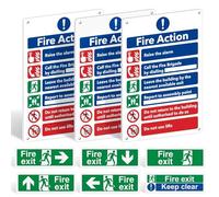 Fire Safety Signs Pack of 9, Fire Action Notice, Exit & Keep Clear Set | 1mm Rigid PVC Boards, Self-Adhesive Exit Stickers, Keep Clear Sign, BS 5499 & EN ISO 7010, Matte Finish