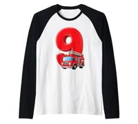 Fire Truck 9th Birthday Firefighter Engine Vehicle Kids Nine Raglan Baseball Tee