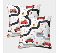 Fire Truck Cartoon Design-Children's Playful Road Pattern Pillow Covers 2 Pack Cozy Pillowcases Available All Seasons Cushion Covers with Invisible Zipper Decor for Sofa Living Room Bed Home 50x50cm
