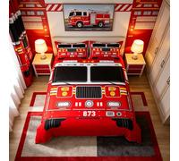 Fire Truck Duvet Cover Set Single Size, Red Fire Engine Comforter Cover with 1 Pillowcase, Cartoon Vehicle Bedding Set 2pcs for Kids Boys Teens Bedroom Decor, Firemen Car Bedspread Cover
