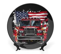 Fire Truck Firefighter U.S. Flag Printed Bone China Decorative Plate Ceramic Decorative Plate with Display Stand for Home Wall Decor