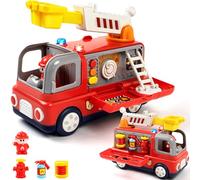 Fire Truck Toy for Toddlers Aged 2 3 4 Years, Montessori Fire Engine Toy Interactive Vehicle with Lights and Sounds, Removable Accessories, Music Buttons, Fireman Figure, Gift for Boys and Girls