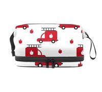 Fire Trucks and Red Flame Double Layer Cosmetic Bag for Women and Girls, Travel Toiletry Bag Makeup Handy Pouch Organiser Bag with Brush Compartment