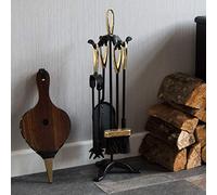Fire Vida 5 Piece Buxton Fireplace Companion Set - Black & Brass Fire Tool Set with Stand - Includes Poker, Tongs, Brush & Shovel - Fireplace Accessories for Wood Burners, Fire Pits & Coal Stoves