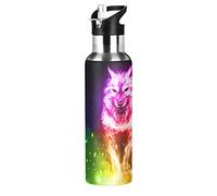 Fire Wolf Rainbow Flame Black Water Bottle Drink Flask with Straw Lid Insulated Stainless Steel Thermos Bottle for Boys Girls Gym Sports Leakproof 600 ml