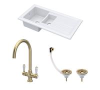 Balterley Fireclay 1.5 Bowl Sink Drainer Waste Tap Brushed Brass 1010mm in White Balterley White