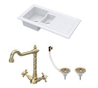 Balterley Fireclay 1.5 Bowl Sink Drainer Waste Tap Brushed Brass 1010mm in White Balterley White