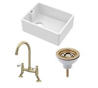 Fireclay 1 Bowl Belfast Sink Strainer Waste Tap Brushed Brass 595mm Balterley White One Size
