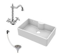Fireclay 795mm 1 Bowl Butler Kitchen Sink - Ledge with French Classic Tap & Waste - Ceramic Kitchen Sink & Tap