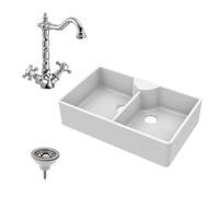 Fireclay 2 Bowl Stepped Weir Butler Sink Tap Ledge Tap Waste 895mm Balterley White One Size
