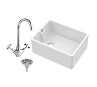 Single Bowl Fireclay Belfast Sink with Basket Strainer Waste & Mono Kitchen Sink Mixer Tap - Balterley