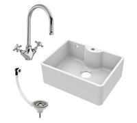 Balterley 595mm Butler Sink Single Bowl with Mono Crosshead Mixer Tap & Waste with Overflow, Durable Fireclay Butler White Ceramic Kitchen Sink, Apron Front Single Bowl with Tap Ledge (White/Chrome)