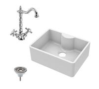 Fireclay 595mm Single Bowl Butler Kitchen Sink Bundle With Overflow Waste And French Classic Mixer Tap By Balterley