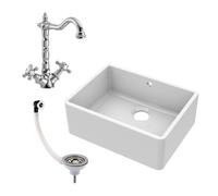 595mm - Single Bowl Fireclay Butler Kitchen Sink - Overflow, Classic Tap & Waste