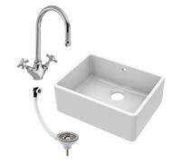 Fireclay 595mm Single Bowl Butler Kitchen Sink With Overflow, Mixer Tap & Waste In White Ceramic By Balterley