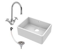 Fireclay 595mm Single Bowl Butler Kitchen Sink with Overflow, Mixer Tap & Waste in White Ceramic by Balterley