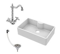 Fireclay 795mm 1 Bowl Butler Kitchen Sink - Ledge with French Classic Tap & Waste - Ceramic Kitchen Sink & Tap