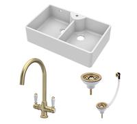 Fireclay 895mm Double Bowl Butler Kitchen Sink Bundle - 1 Tap Hole, Wastes & Mono Tap - Brushed Brass