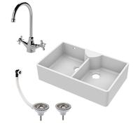 Fireclay 2 Bowl Stepped Weir Butler Sink Overflow Tap Waste 895mm Balterley White One Size