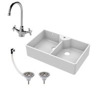 Fireclay 895mm Double Bowl Butler Kitchen Sink - With Overflow, Mixer Tap & Wastes - Traditional Ceramic Belfast