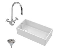 Fireclay Belfast Kitchen Sink w/ Overflow, 895mm 1 Bowl, Mono Sink Mixer Tap & Basket Strainer Waste, Brushed Brass Balterley