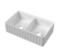 Balterley 795mm Butler White Kitchen Sink, Fluted Front Double Bowl Stepped Weir with Ledge & Overflow Hole, Durable Butler Fireclay Ceramic Kitchen Sink Bowl, Apron Front - 795 x 500 x 220mm (White)