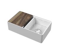 Balterley 795mm Butler White Kitchen Sink, Double Bowl Stepped Weir with Ledge & Overflow Hole, Durable Butler Fireclay Ceramic Kitchen Sink Bowl, Apron Front Sinks - 795 x 500 x 220mm (White)