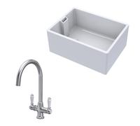 Balterley Fireclay 1 Bowl Belfast Sink Handle Tap Brushed Nickel 615mm in White Balterley White