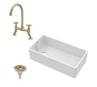 Fireclay Kitchen Bundle 1 Bowl Belfast Sink with Strainer Waste & Bridge Crosshead Mixer Tap, 895mm Brushed Brass