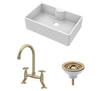 Balterley Fireclay Kitchen Bundle - 1 Bowl Butler Sink With Tap Ledge, Waste & Bridge Tap - 795mm - Brushed Brass