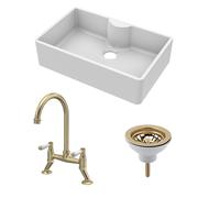 Fireclay Kitchen Bundle - 1 Bowl Butler Sink with Tap Ledge, Waste & Lever Tap - 795mm - Brushed Brass