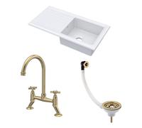 Balterley Fireclay 1 Bowl Sink Drainer Waste Tap 1010mm Brushed Brass in White Balterley White