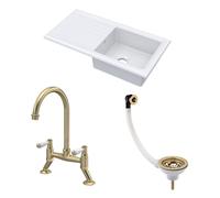 Fireclay Kitchen Bundle - 1 Bowl Sink & Drainer with Waste & Bridge Lever Tap, 1010mm - Brushed Brass