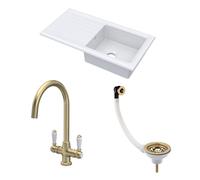 Balterley Ceramic Kitchen Sink with Drainer, Mixer Tap, Waste with Overflow, 101cm Inset Counter Top, Reversible Single Bowl Fireclay White Sink with Mono Lever Tap (White/Brushed Brass)