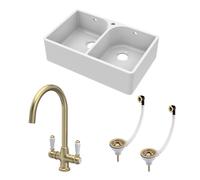 Fireclay Kitchen Bundle - 2 Bowl Full Weir 1 Tap Hole Butler Sink with Wastes & Lever Tap, 795mm - Brushed Brass