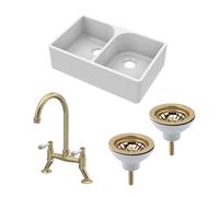 Fireclay Kitchen Bundle - 2 Bowl Full Weir Butler Sink No Overflow with Wastes & Tap - 795mm - Brushed Brass