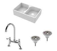 Fireclay Kitchen Bundle - 2 Bowl Stepped Weir Butler Sink, Wastes & Bridge Lever Tap, 795mm - Chrome