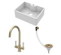 Fireclay Kitchen Bundle - 595mm Single Bowl Butler Sink + Overflow & Tap Hole, Waste & Lever Mixer Tap, Brushed Brass - Balterley