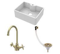 Balterley Fireclay 1 Bowl Butler Sink Waste Tap Brushed Brass 595mm in White Balterley White